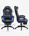 Image of a blue and black gaming chair. This ergonomic gaming chair has a footrest, padded arms for extra support, adjustable lumbar support pillow, neck pillow, swivel wheels, an adjustable backrest, and adjustable height.