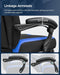 Image of a blue and black gaming chair. This ergonomic gaming chair has a footrest, padded arms for extra support, adjustable lumbar support pillow, neck pillow, swivel wheels, an adjustable backrest, and adjustable height.