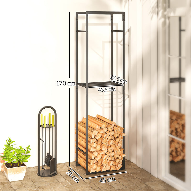 Heavy Duty Metal Firewood Log Rack With Adjustable Shelf For Indoor Outdoor Use Black