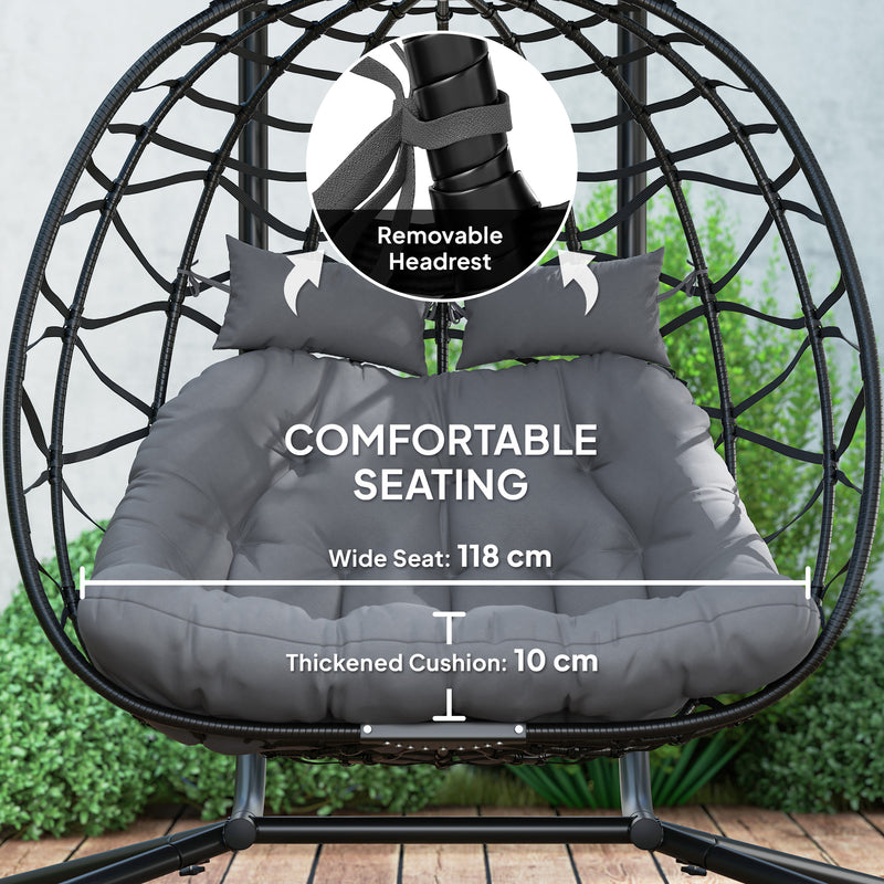 Black Rattan Double Hanging Egg Chair With Canopy and Cushions for Garden by Outsunny