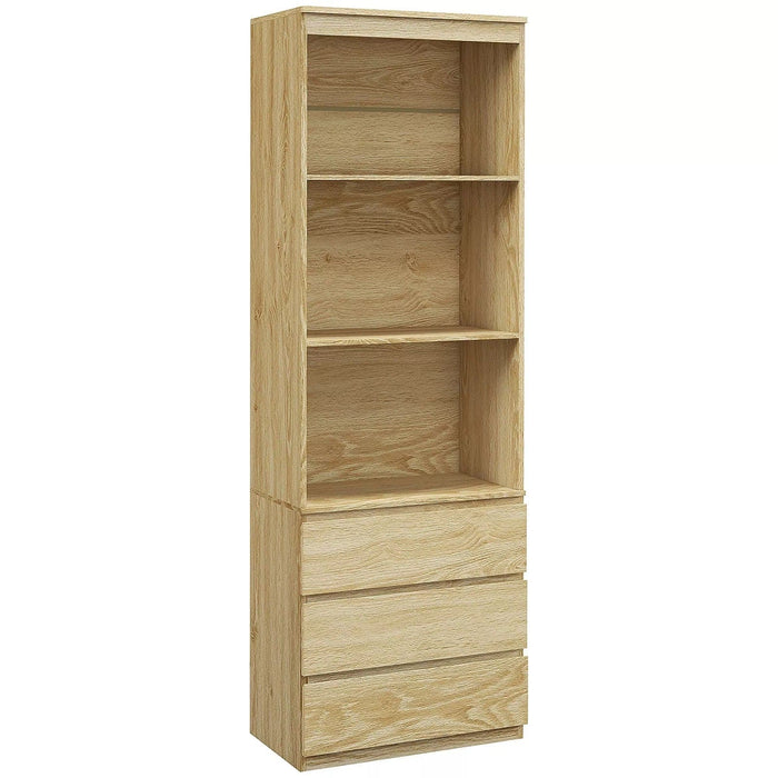 Image of a Bookcase With Drawers on Bottom by Homcom. The bookcase is oak coloured with 3 spacious shelves and 3 handle less drawers. 