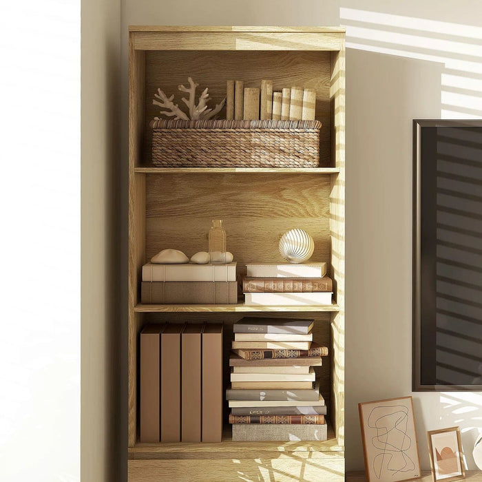 Image of a Bookcase With Drawers on Bottom by Homcom. The bookcase is oak coloured with 3 spacious shelves and 3 handle less drawers. 