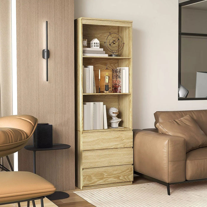 Image of a Bookcase With Drawers on Bottom by Homcom. The bookcase is oak coloured with 3 spacious shelves and 3 handle less drawers. 