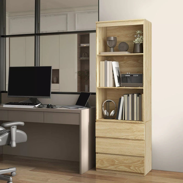 Image of a Bookcase With Drawers on Bottom by Homcom. The bookcase is oak coloured with 3 spacious shelves and 3 handle less drawers. 