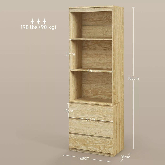 Image of a Bookcase With Drawers on Bottom by Homcom. The bookcase is oak coloured with 3 spacious shelves and 3 handle less drawers. 