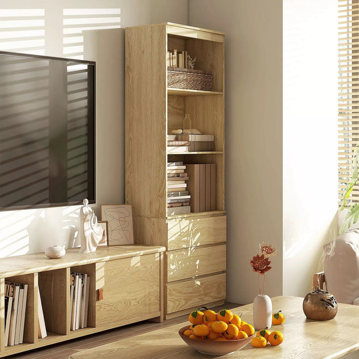 Image of a Bookcase With Drawers on Bottom by Homcom. The bookcase is oak coloured with 3 spacious shelves and 3 handle less drawers. 