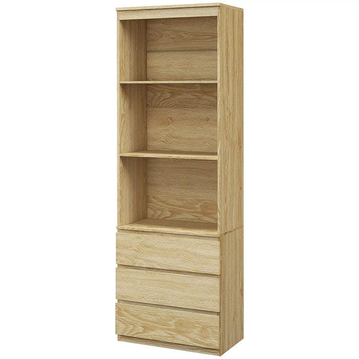 Image of a Bookcase With Drawers on Bottom by Homcom. The bookcase is oak coloured with 3 spacious shelves and 3 handle less drawers. 