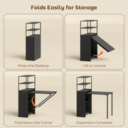 Bookcase With Fold Out Desk For Small Spaces, Hidden Storage, 105W x 60D x 127H cm