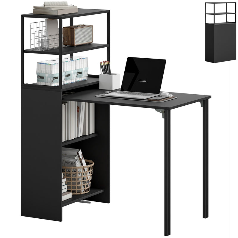 Bookcase With Fold Out Desk For Small Spaces, Hidden Storage, 105W x 60D x 127H cm