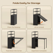 Bookcase With Fold Out Desk For Small Spaces, Hidden Storage, 105W x 60D x 127H cm