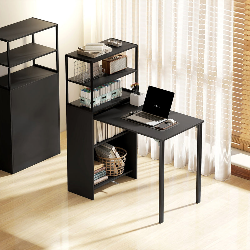 Bookcase With Fold Out Desk For Small Spaces, Hidden Storage, 105W x 60D x 127H cm