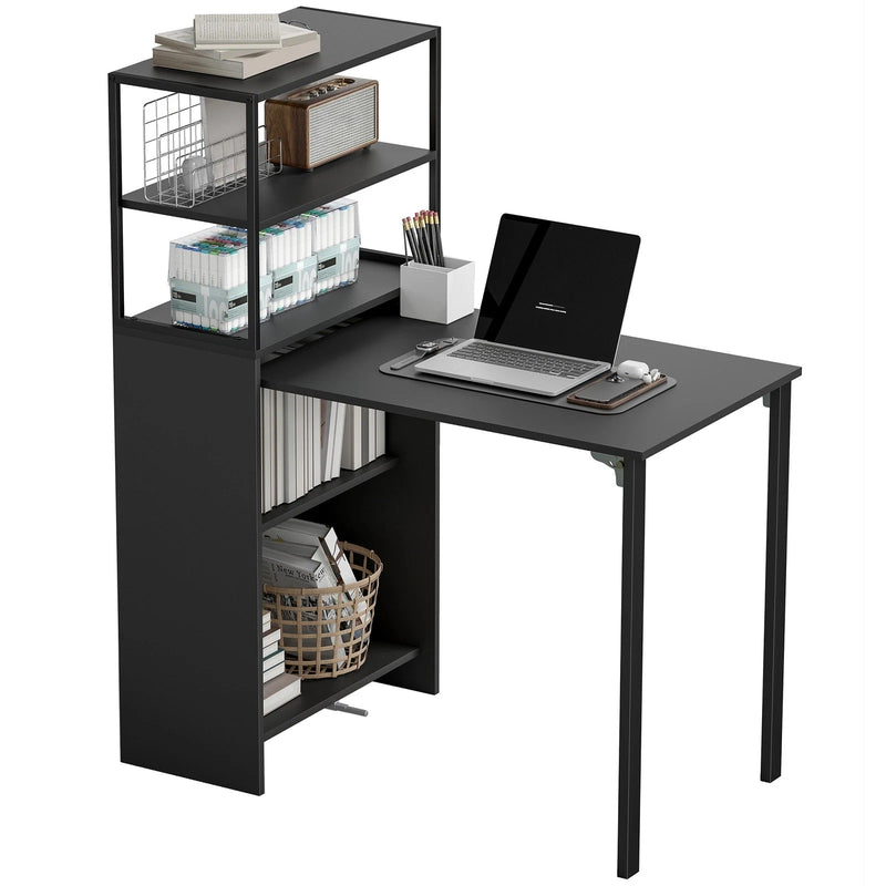Bookcase With Fold Out Desk For Small Spaces, Hidden Storage, 105W x 60D x 127H cm