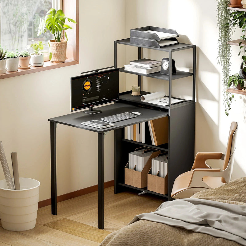 Bookcase With Fold Out Desk For Small Spaces, Hidden Storage, 105W x 60D x 127H cm