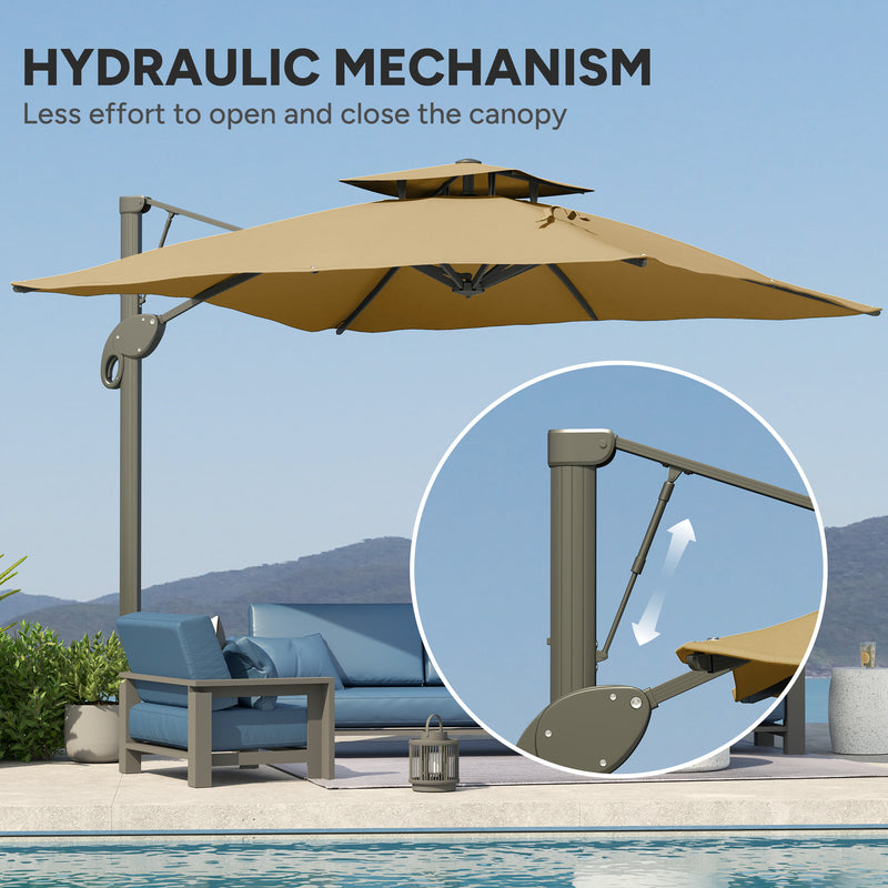 Khaki 3m Cantilever Garden Parasol with Hydraulic Lift for Easy Outdoor Shade