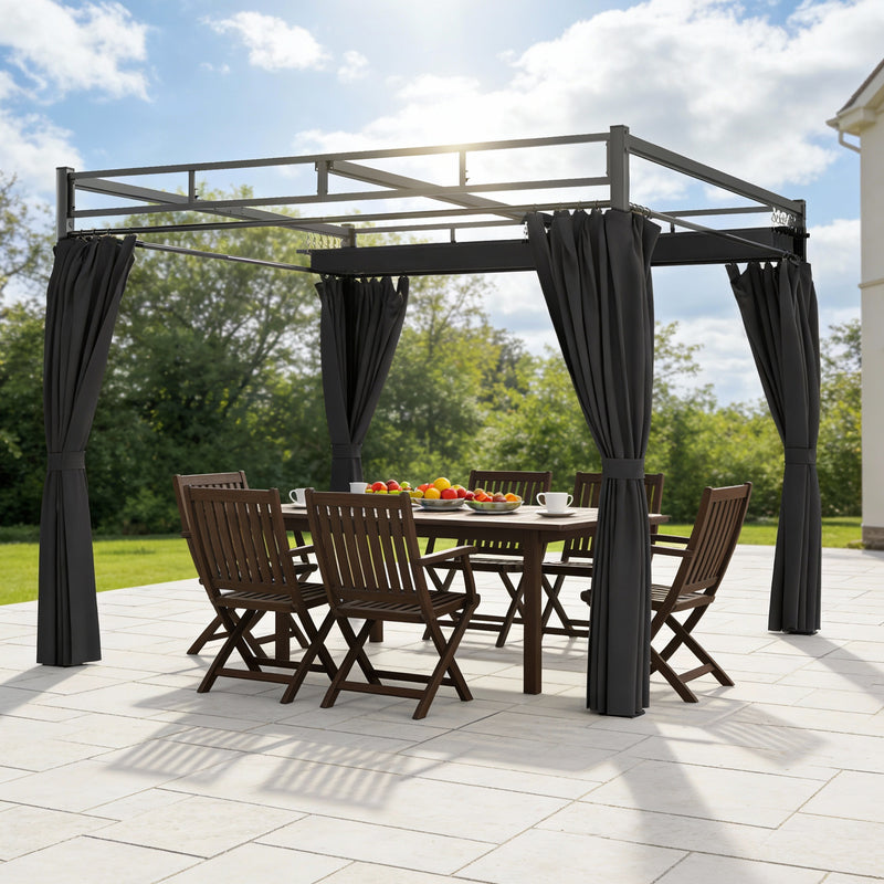 3 x 3 m Metal Garden Pergola with Retractable Canopy and Curtains UPF30 Sun Shade Dark Grey AOSOM