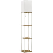 Tall Floor Lamp With Shelves And Fabric Shade For Living Room Or Bedroom, White