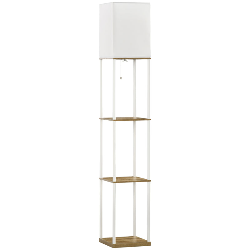 Tall Floor Lamp With Shelves And Fabric Shade For Living Room Or Bedroom, White