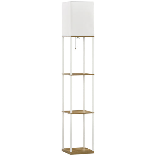 Tall Floor Lamp With Shelves And Fabric Shade For Living Room Or Bedroom, White