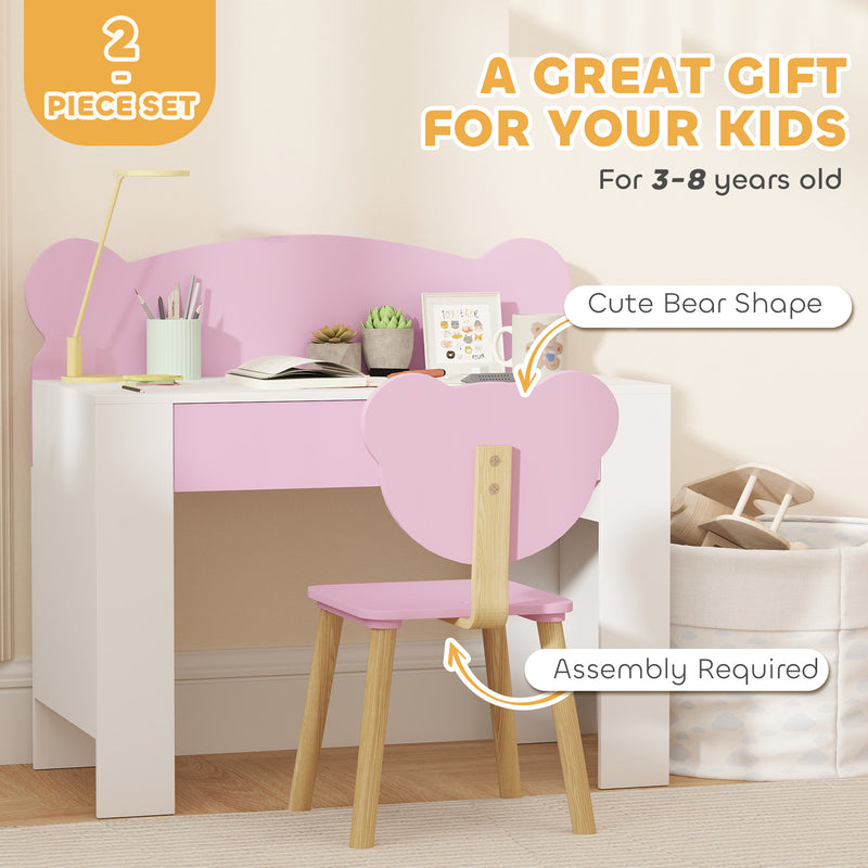 Kids Desk and Chair Set with Storage Drawer for Study and Play Pink White AOSOM