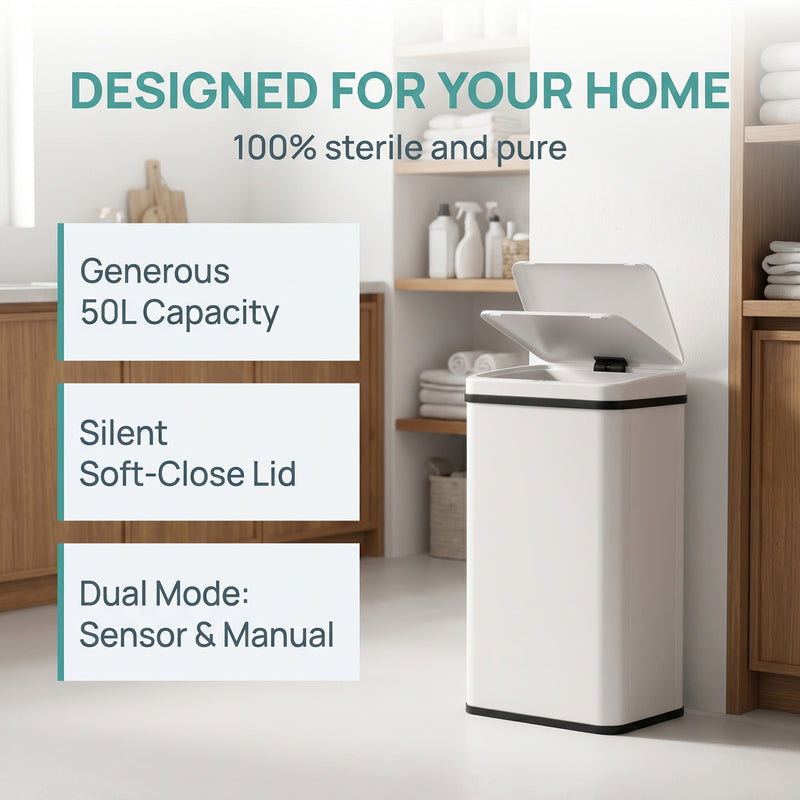 Sensor Kitchen Bin 50L Touch Free Motion Sensor with Soft Close Lid White