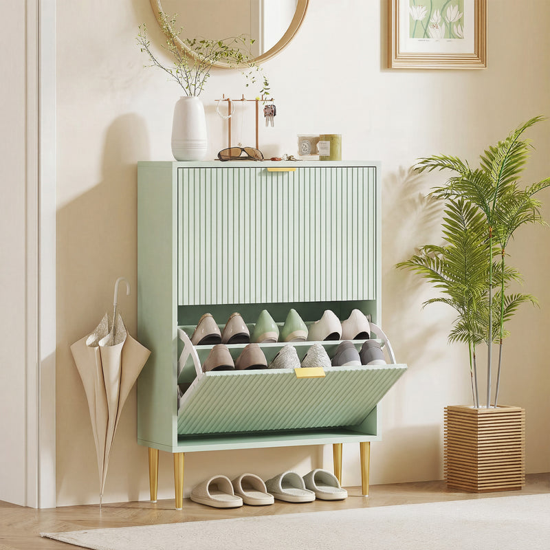 Shoe Cabinet for Hallway Storage with Adjustable Shelves and Flip Drawers Light Green