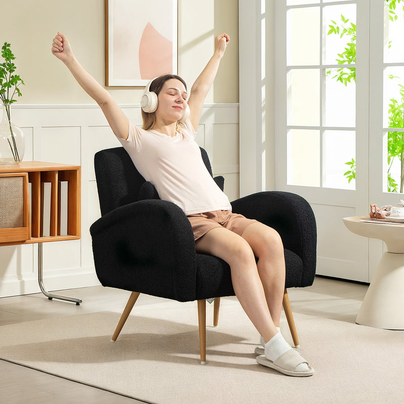 Black Teddy Fleece Accent Chair With Supportive Backrest For Lounge Or Bedroom