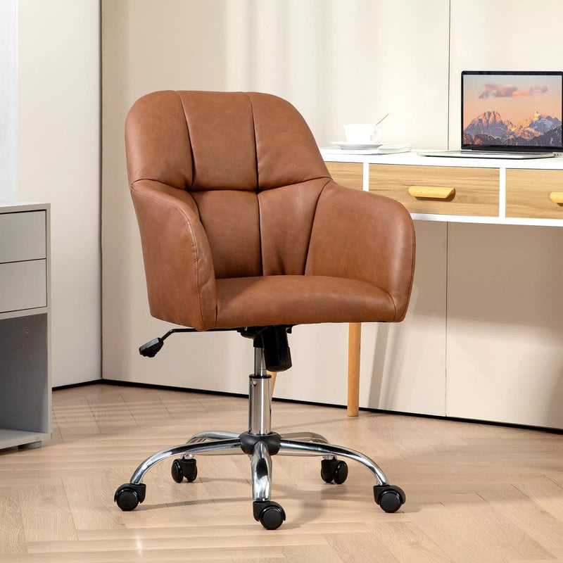 Image of a Brown Leather Desk Chair With Wheels