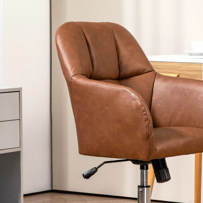 Image of a Brown Leather Desk Chair With Wheels