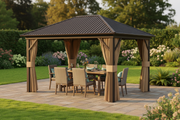 Brown aluminium hardtop garden gazebo with galvanised steel roof and open curtains, natural wood dining set beneath, mature British garden, golden hour light

