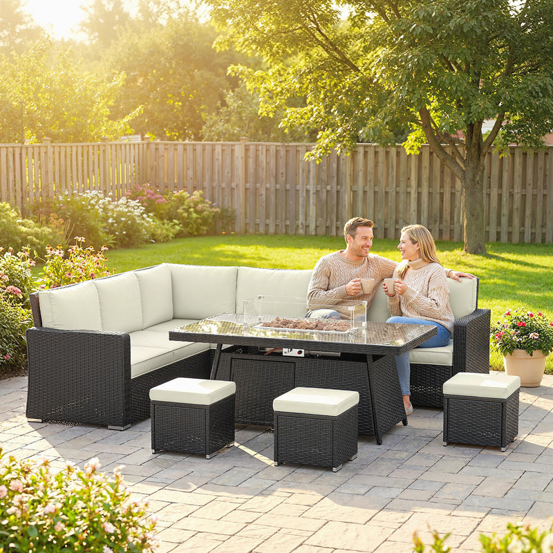 Rattan Garden Furniture Set with Gas Fire Pit Table for Warm Outdoor Dining and Relaxing Cream White