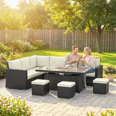 Rattan Garden Furniture Set with Gas Fire Pit Table for Warm Outdoor Dining and Relaxing Cream White Outsunny
