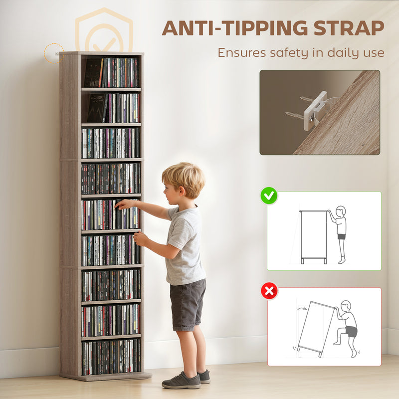 Narrow Wooden CD Storage Tower With Adjustable Shelves For Home Office Natural AOSOM