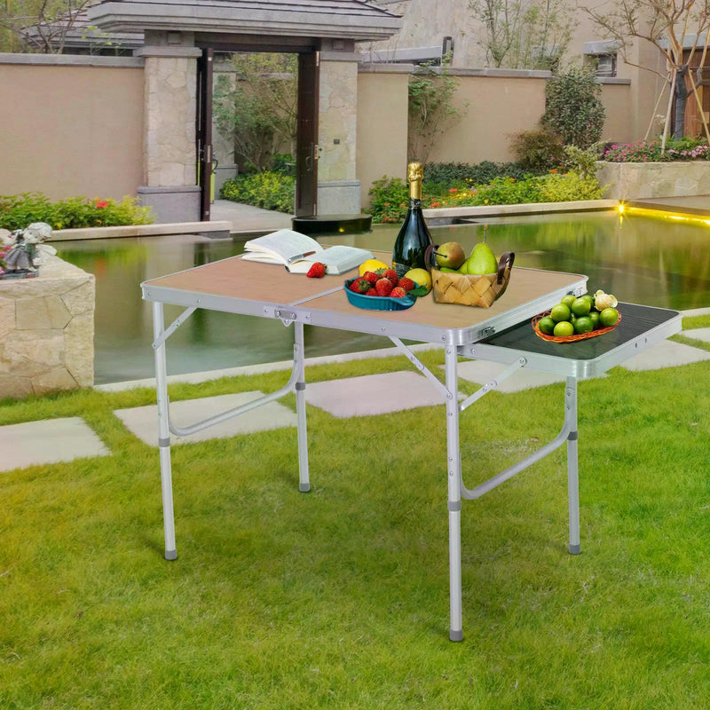 Folding Camping Table with Adjustable Height and Pull Out Side Table for Outdoor Dining Bamboo