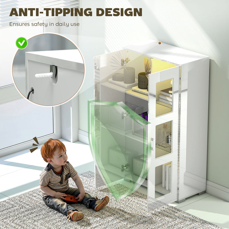 Modern High Gloss Sideboard with LED Lights and Glass Shelves for Living Room Storage, White