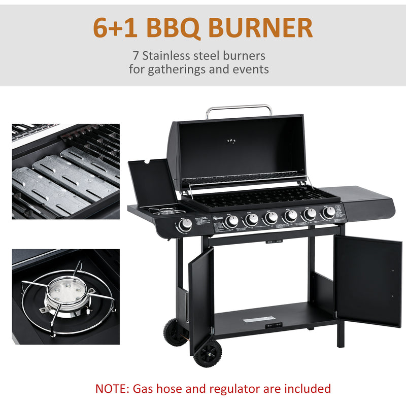 6 Burner Gas BBQ Grill with Side Burner - Thermometer and Storage Shelf for Outdoor Cooking Grey Outsunny