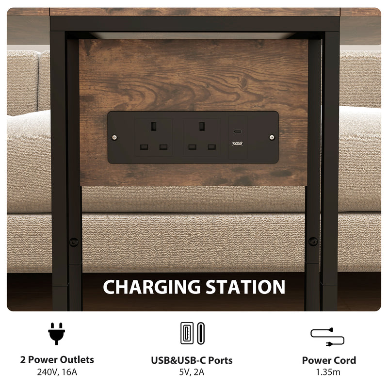 C Shaped Side Table with Foldable Top and USB Charging Station Ideal for Small Spaces Rustic Brown