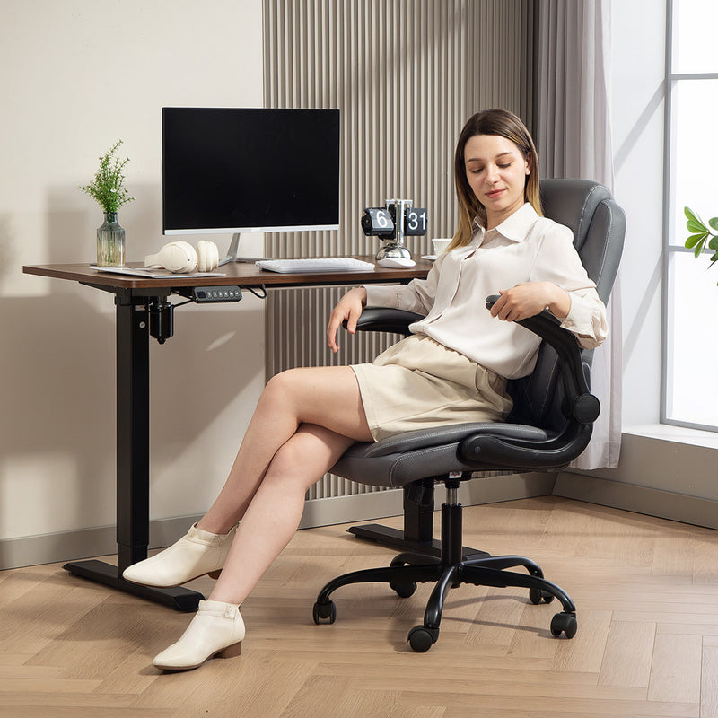 Ergonomic Faux Leather Office Chair With Flip Up Armrests For Home Or Office, Charcoal Grey