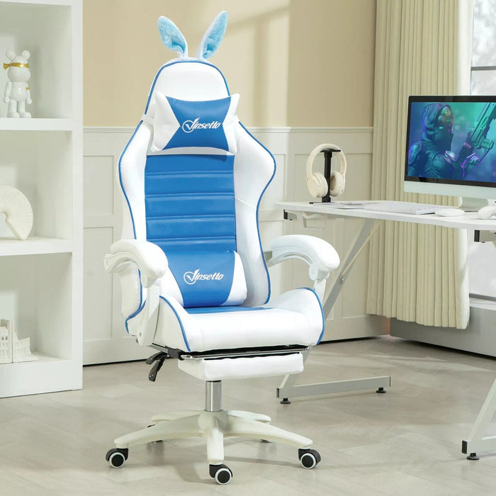 Image of a white and blue bunny ears gaming chair. 