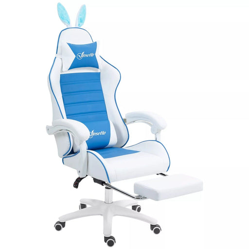 Image of a white and blue bunny ears gaming chair. 