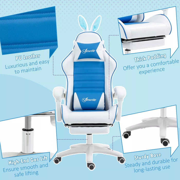 Image of a white and blue bunny ears gaming chair. 