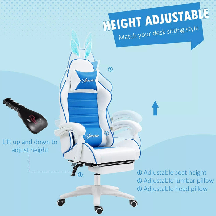 Image of a white and blue bunny ears gaming chair. 