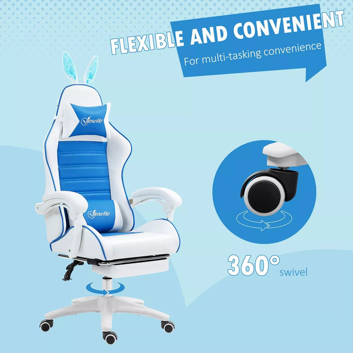 Image of a white and blue bunny ears gaming chair. 