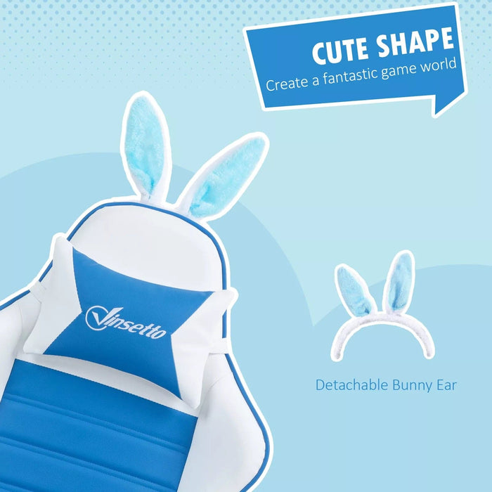 Image of a white and blue bunny ears gaming chair. 