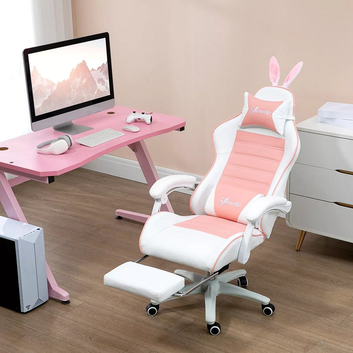 Image of a white and pink bunny ears gaming chair. 