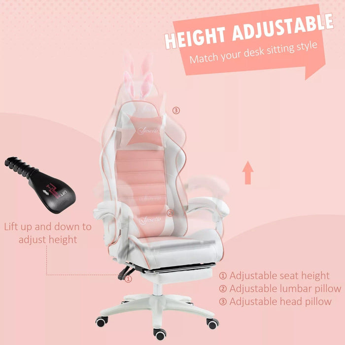 Image of a white and pink bunny ears gaming chair. 