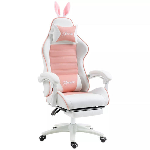 Image of a white and pink bunny ears gaming chair. 