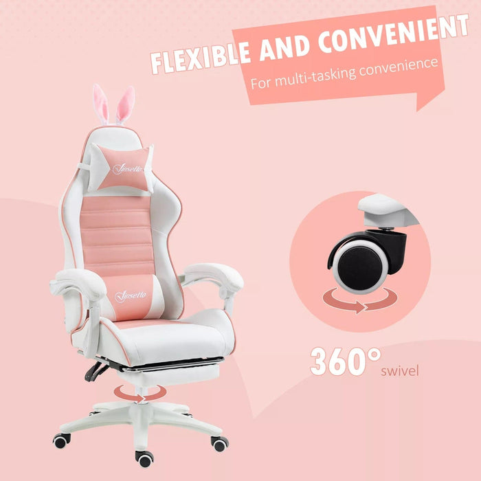 Image of a white and pink bunny ears gaming chair. 