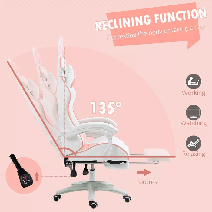 Image of a white and pink bunny ears gaming chair. 