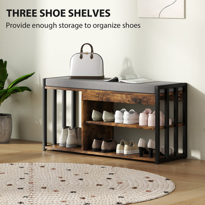 Hallway Shoe Storage Bench with Cushioned Seat and 3 Open Shelves - Rustic Brown - 85x29cm Homcom