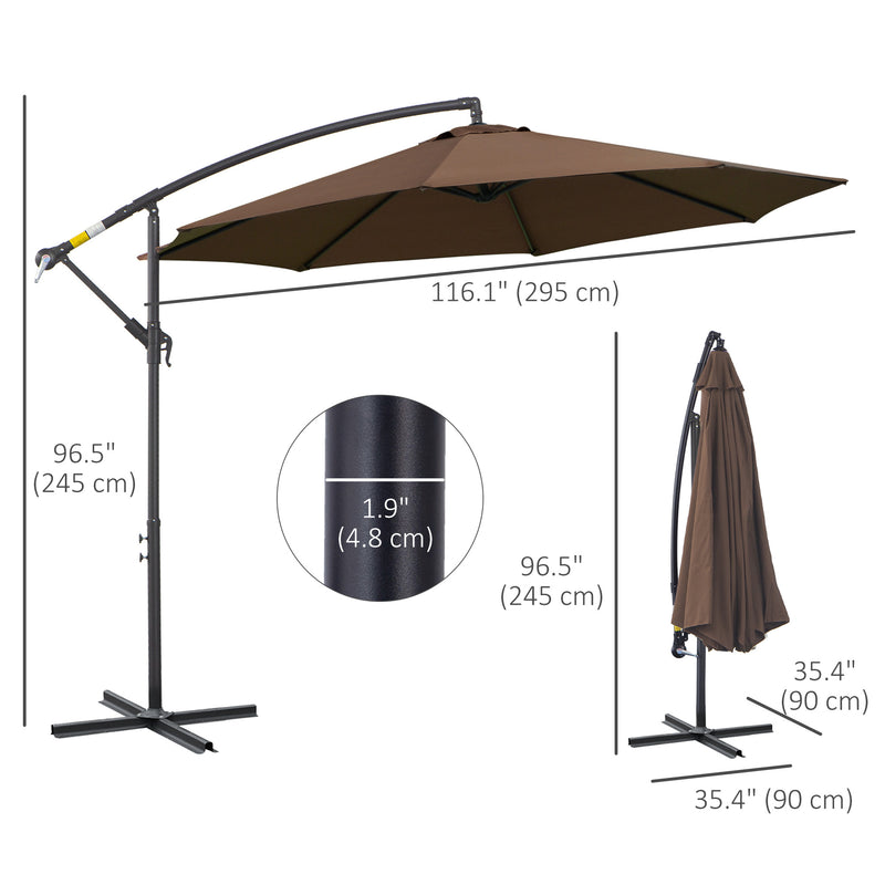 Brown 2.45m Cantilever Garden Parasol Waterproof Overhanging Umbrella With Cross Base